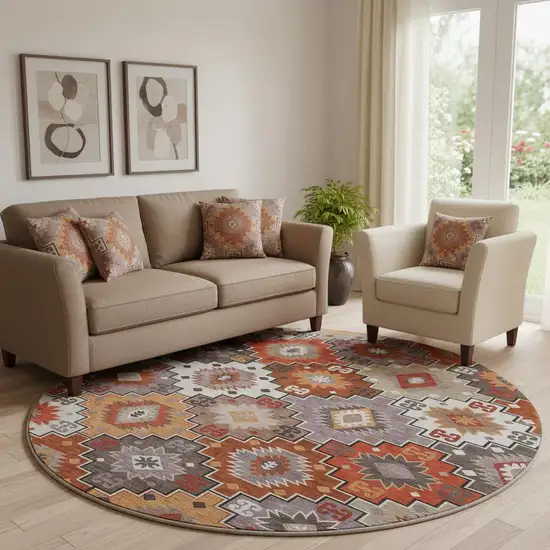 8' Rust And Lavender Geometric Washable Round Rug With UV Protection Photo 2