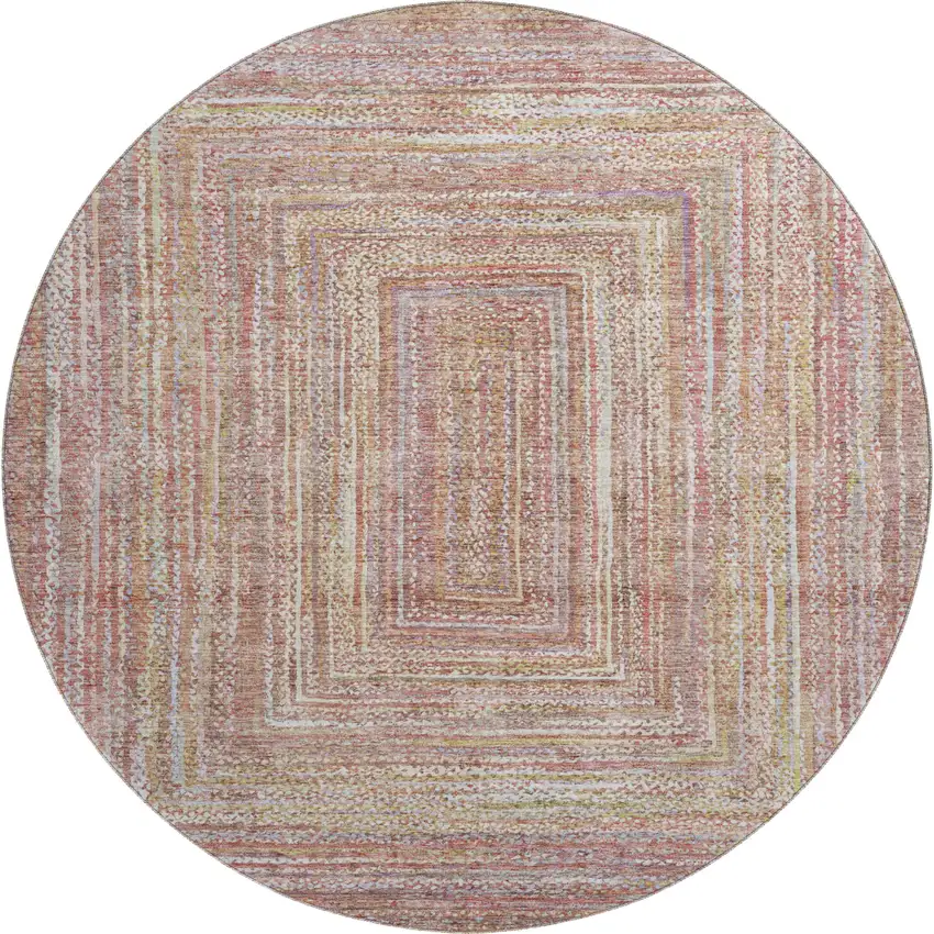 8' Rust And Mauve Geometric Washable Round Rug With UV Protection Photo 1