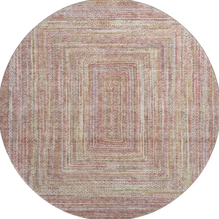 8' Rust And Mauve Geometric Washable Round Rug With UV Protection Photo 3
