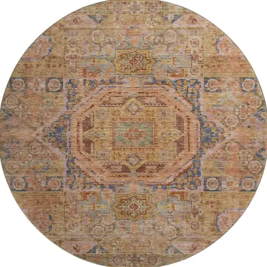 8' Rust And Navy Blue Oriental Washable Round Rug With UV Protection Photo 3