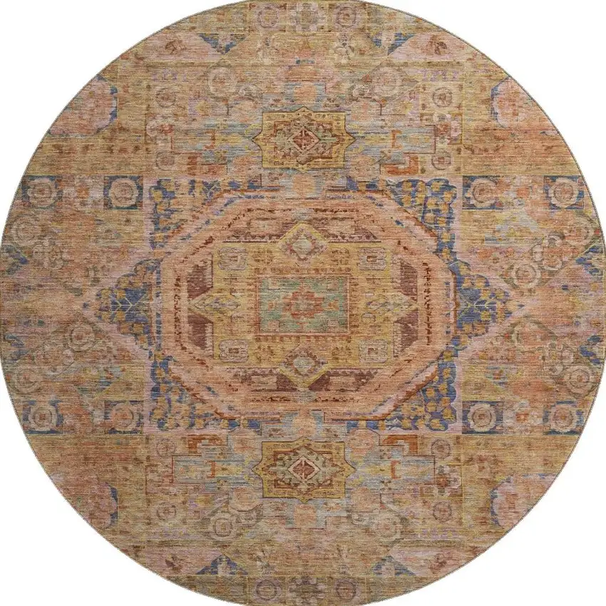 8' Rust And Navy Blue Oriental Washable Round Rug With UV Protection Photo 3