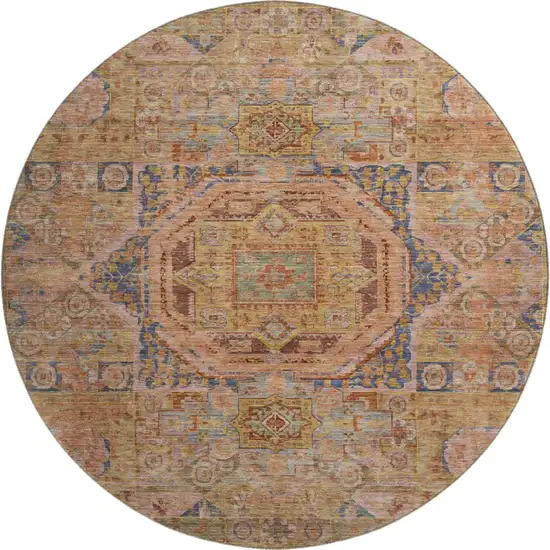 8' Rust And Navy Blue Oriental Washable Round Rug With UV Protection Photo 1