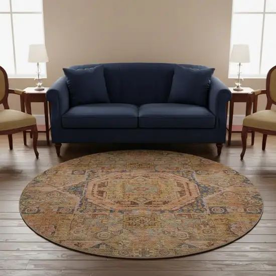 8' Rust And Navy Blue Oriental Washable Round Rug With UV Protection Photo 2