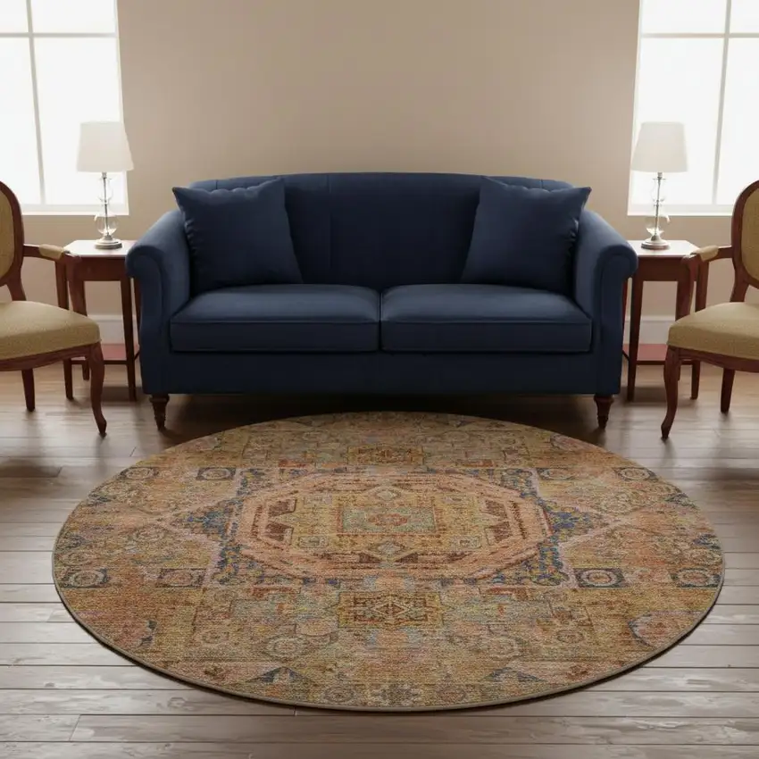 8' Rust And Navy Blue Oriental Washable Round Rug With UV Protection Photo 2