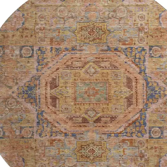 8' Rust And Navy Blue Oriental Washable Round Rug With UV Protection Photo 3