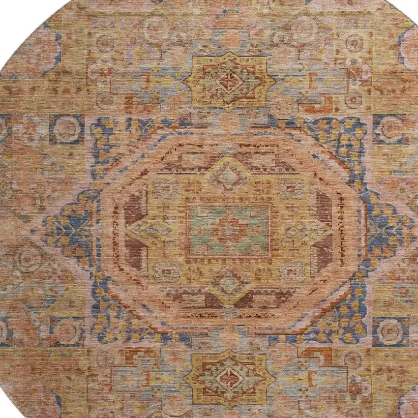 8' Rust And Navy Blue Oriental Washable Round Rug With UV Protection Photo 3