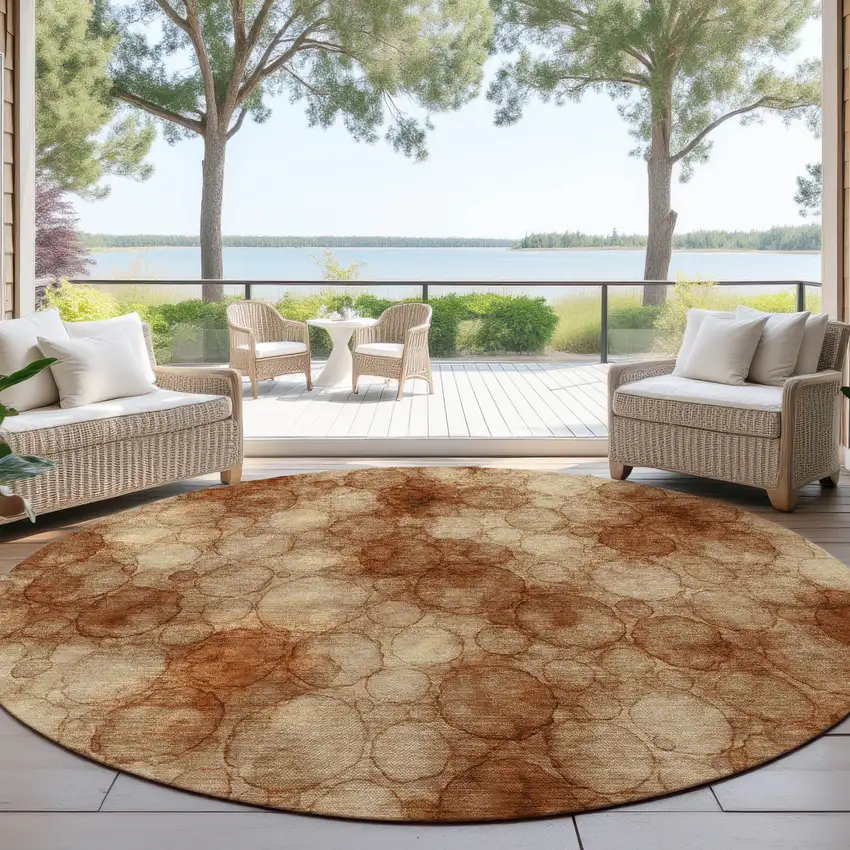 8' Rust And Orange Round Abstract Washable Indoor Outdoor Area Rug Photo 4