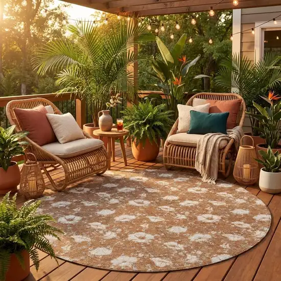 8' Rust And Orange Round Floral Washable Indoor Outdoor Area Rug Photo 1