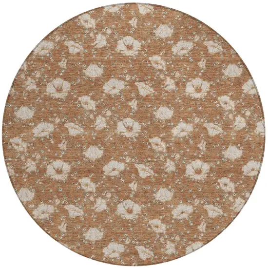 8' Rust And Orange Round Floral Washable Indoor Outdoor Area Rug Photo 2