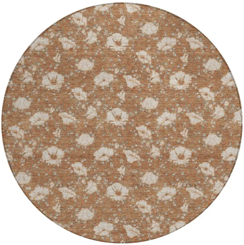 8' Rust And Orange Round Floral Washable Indoor Outdoor Area Rug Photo 2