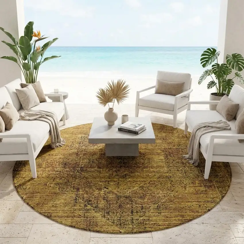 8' Rust And Orange Round Oriental Washable Indoor Outdoor Area Rug Photo 1