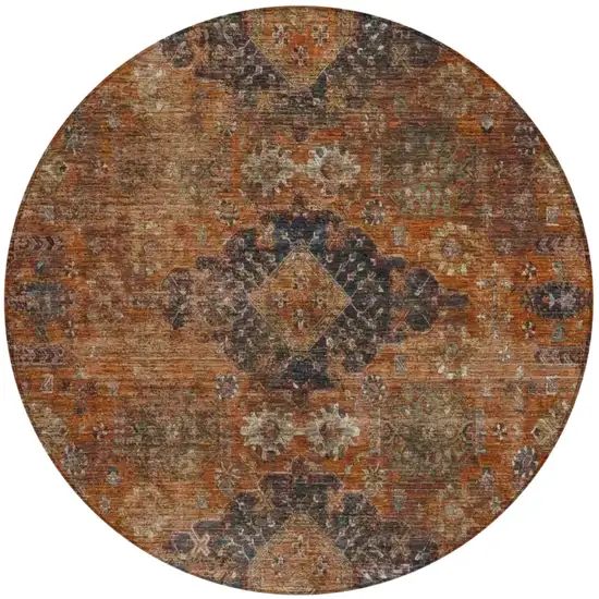 8' Rust And Orange Round Oriental Washable Indoor Outdoor Area Rug Photo 2