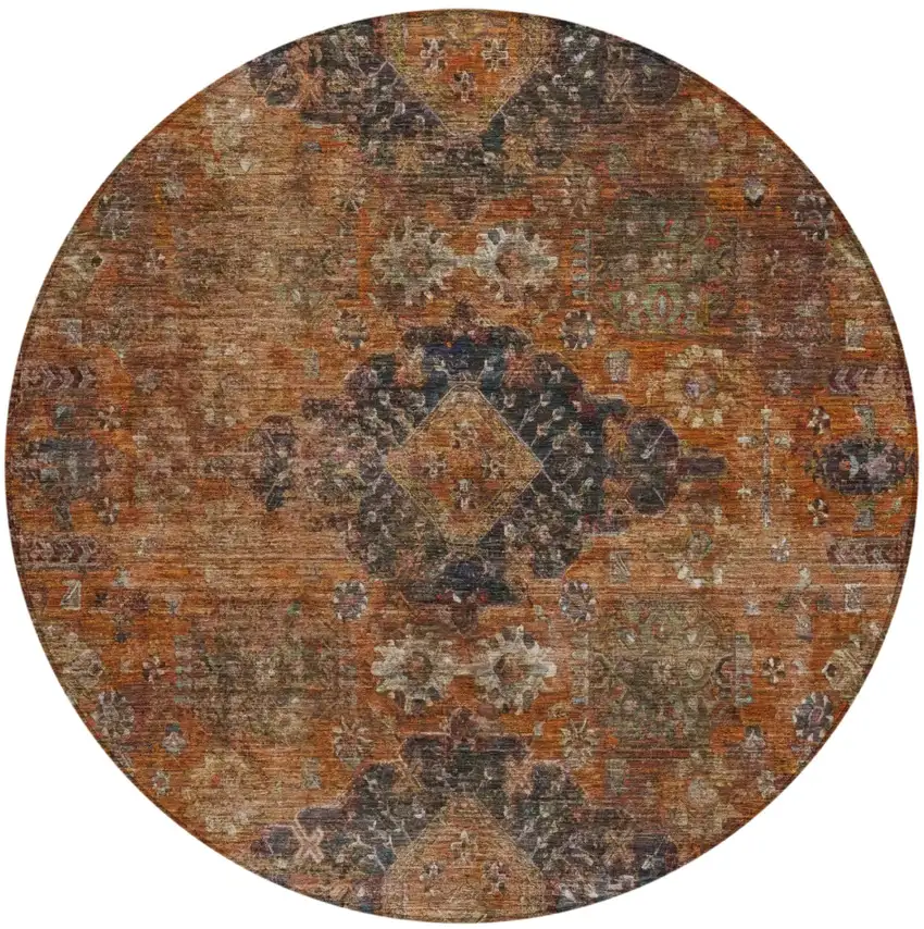 8' Rust And Orange Round Oriental Washable Indoor Outdoor Area Rug Photo 2