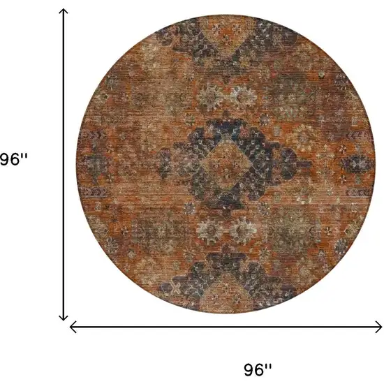 8' Rust And Orange Round Oriental Washable Indoor Outdoor Area Rug Photo 5