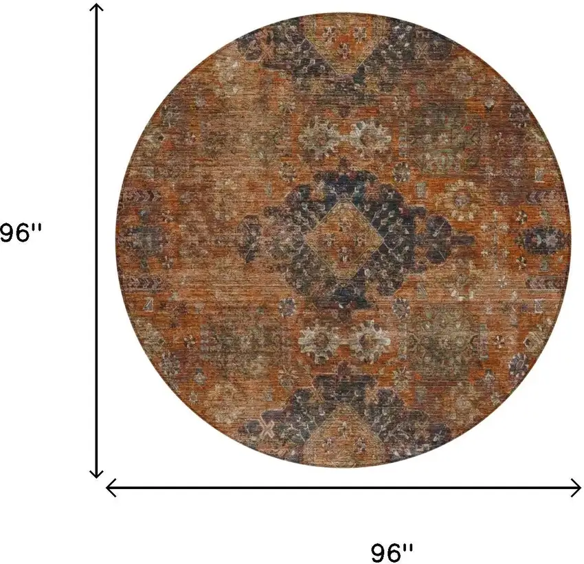 8' Rust And Orange Round Oriental Washable Indoor Outdoor Area Rug Photo 5