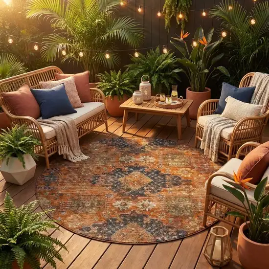 8' Rust And Orange Round Oriental Washable Indoor Outdoor Area Rug Photo 1