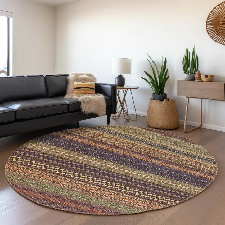 8' Rust And Purple Striped Washable Round Rug With UV Protection Photo 5