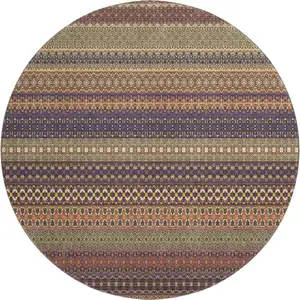 Photo of 8' Rust And Purple Striped Washable Round Rug With UV Protection