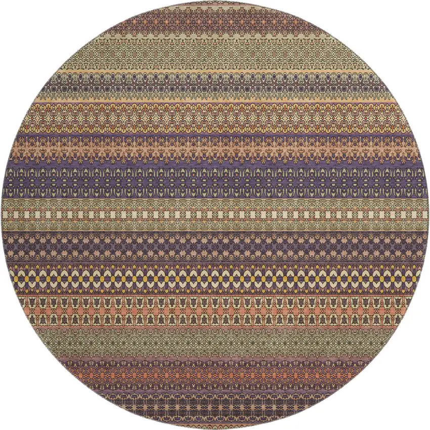 8' Rust And Purple Striped Washable Round Rug With UV Protection Photo 1