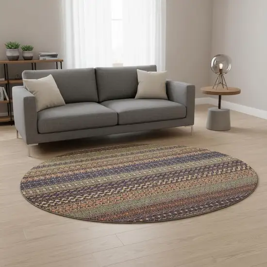 8' Rust And Purple Striped Washable Round Rug With UV Protection Photo 2