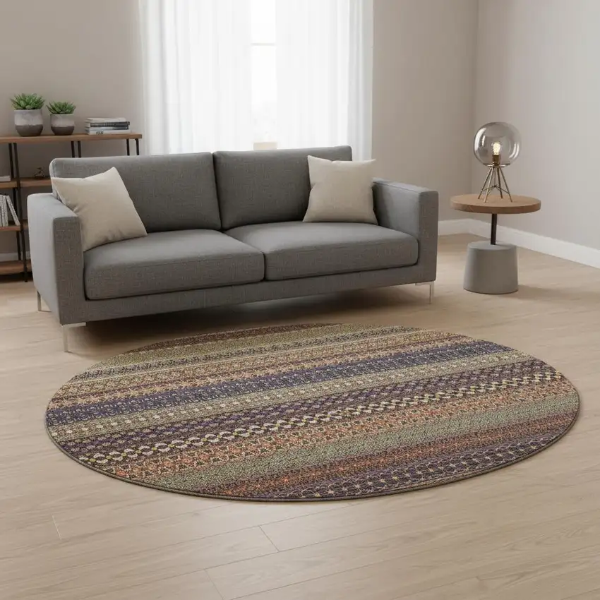 8' Rust And Purple Striped Washable Round Rug With UV Protection Photo 2