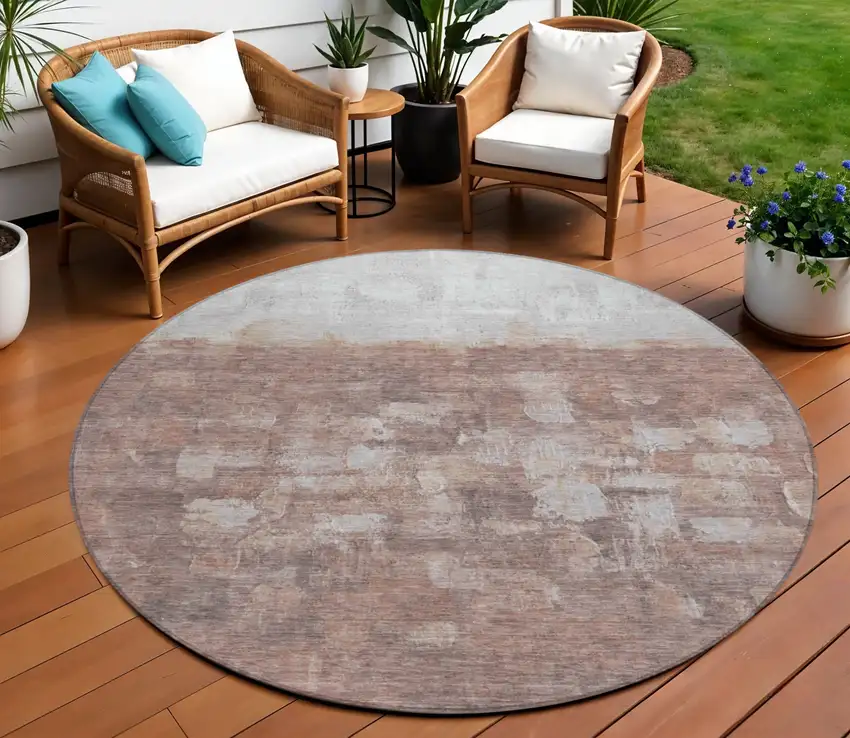 8' Rust And Silver Round Abstract Washable Indoor Outdoor Area Rug Photo 1