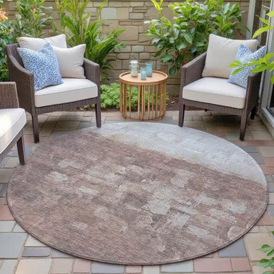 8' Rust And Silver Round Abstract Washable Indoor Outdoor Area Rug Photo 6