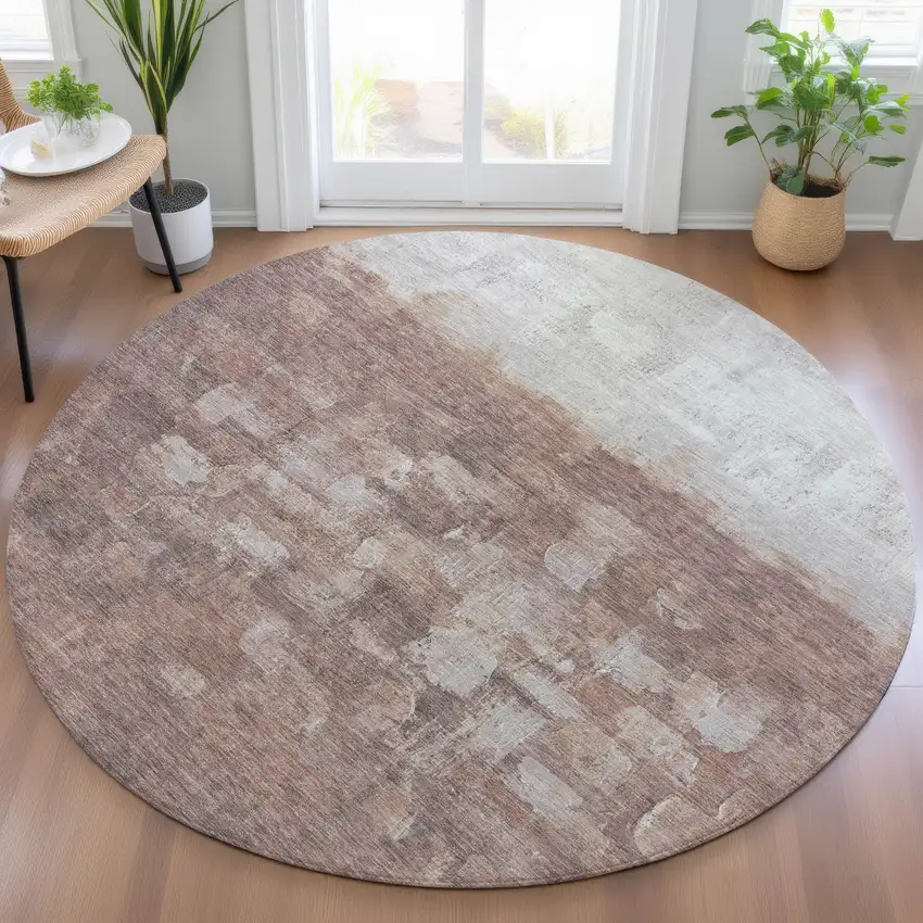 8' Rust And Silver Round Abstract Washable Indoor Outdoor Area Rug Photo 7