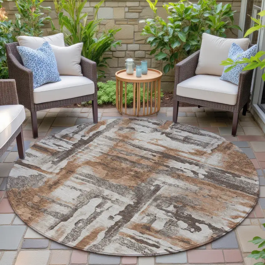 8' Rust And Taupe Round Abstract Washable Indoor Outdoor Area Rug Photo 6