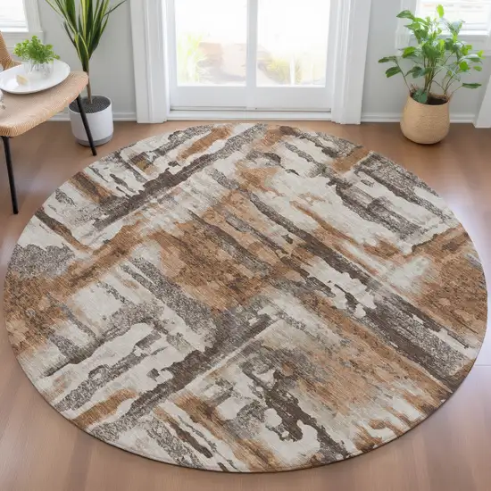 8' Rust And Taupe Round Abstract Washable Indoor Outdoor Area Rug Photo 5