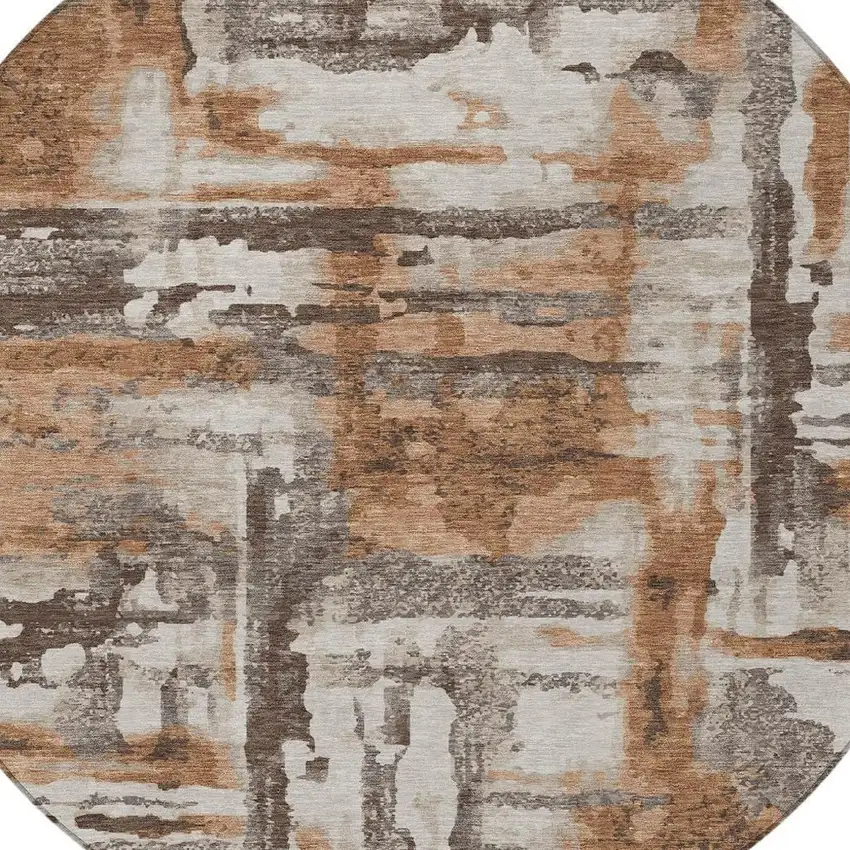 8' Rust And Taupe Round Abstract Washable Indoor Outdoor Area Rug Photo 3
