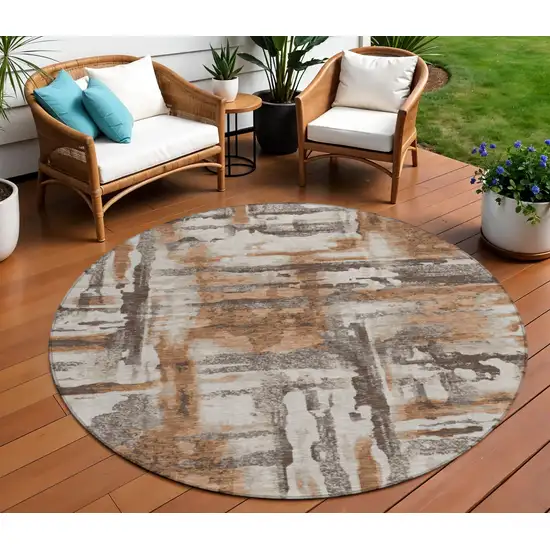8' Rust And Taupe Round Abstract Washable Indoor Outdoor Area Rug Photo 2