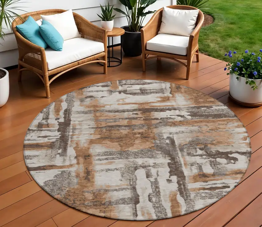 8' Rust And Taupe Round Abstract Washable Indoor Outdoor Area Rug Photo 2