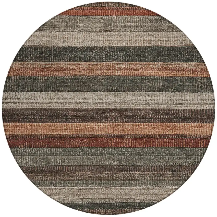 8' Rust And Taupe Round Striped Washable Indoor Outdoor Area Rug Photo 3
