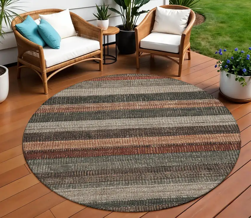 8' Rust And Taupe Round Striped Washable Indoor Outdoor Area Rug Photo 2