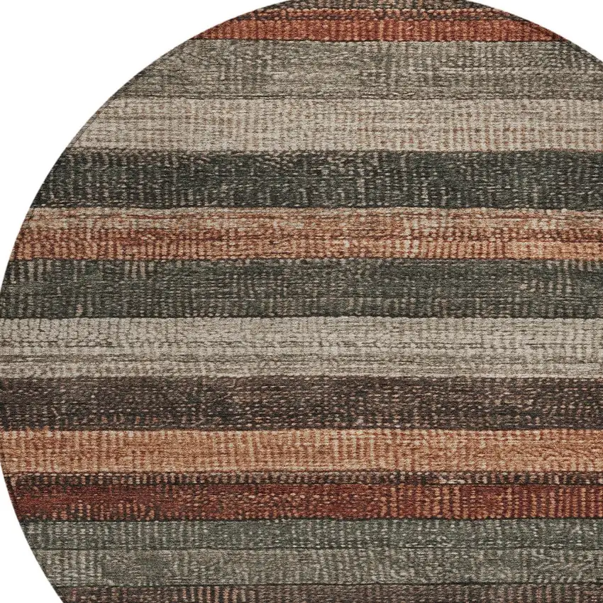 8' Rust And Taupe Round Striped Washable Indoor Outdoor Area Rug Photo 9