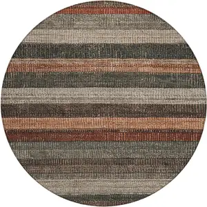 Photo of 8' Rust And Taupe Round Striped Washable Indoor Outdoor Area Rug