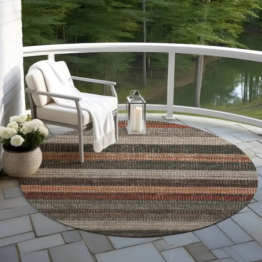 8' Rust And Taupe Round Striped Washable Indoor Outdoor Area Rug Photo 6