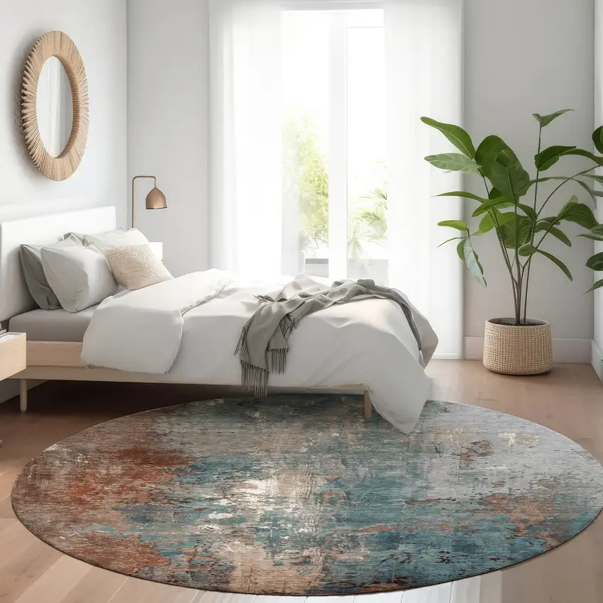 8' Rust And Teal Blue Round Abstract Washable Indoor Outdoor Area Rug Photo 6