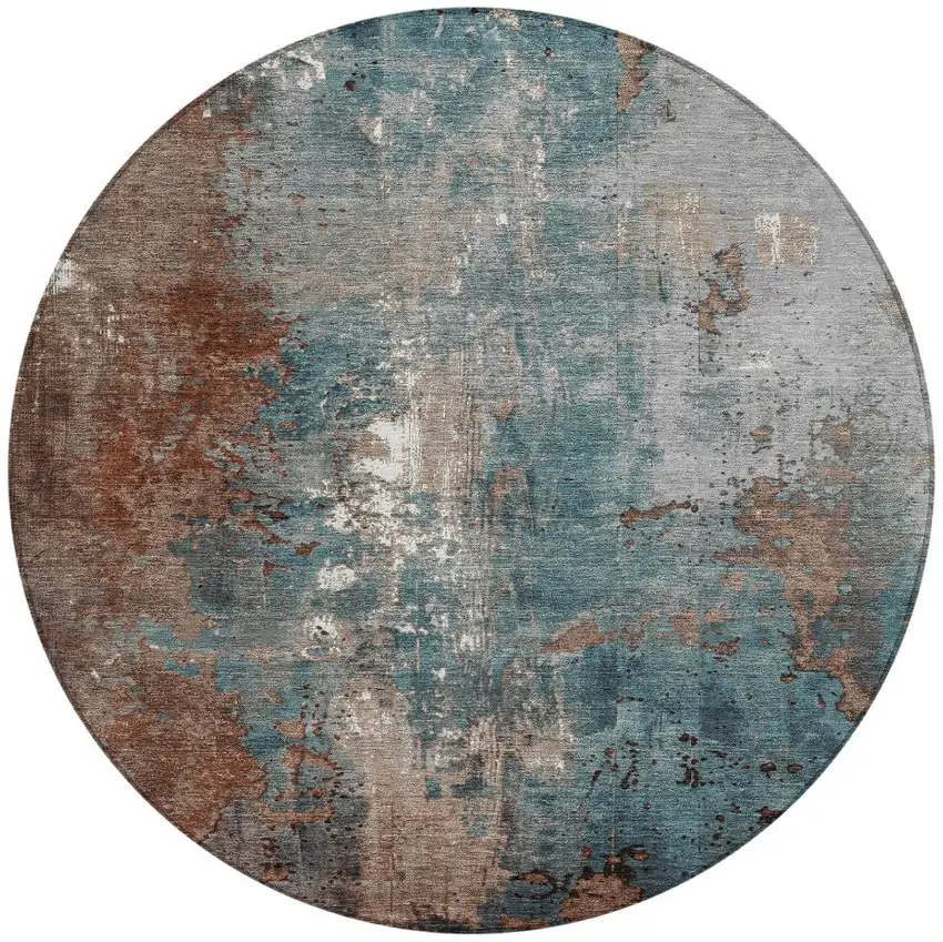 8' Rust And Teal Blue Round Abstract Washable Indoor Outdoor Area Rug Photo 3