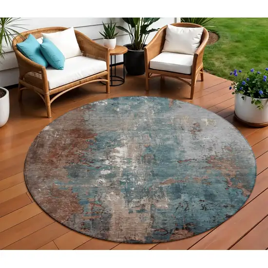 8' Rust And Teal Blue Round Abstract Washable Indoor Outdoor Area Rug Photo 2