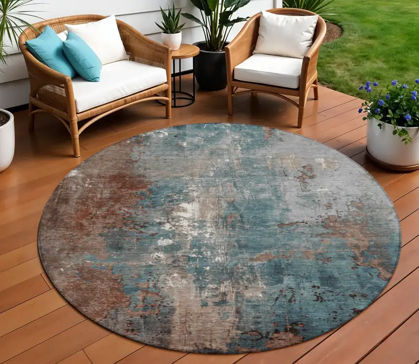 8' Rust And Teal Blue Round Abstract Washable Indoor Outdoor Area Rug Photo 2