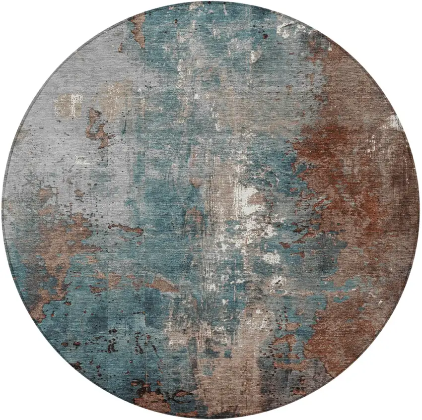 8' Rust And Teal Blue Round Abstract Washable Indoor Outdoor Area Rug Photo 4