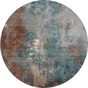 Photo of 8' Rust And Teal Blue Round Abstract Washable Indoor Outdoor Area Rug