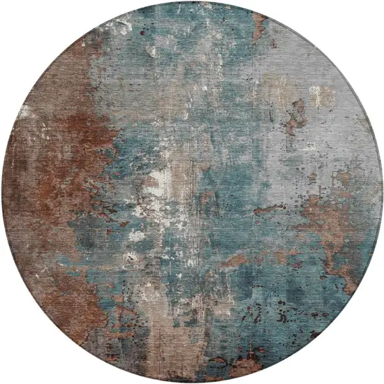 8' Rust And Teal Blue Round Abstract Washable Indoor Outdoor Area Rug Photo 1