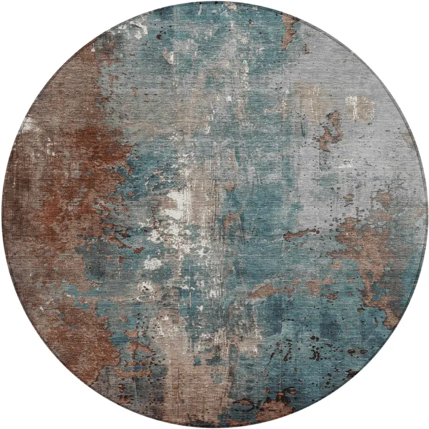 8' Rust And Teal Blue Round Abstract Washable Indoor Outdoor Area Rug Photo 1