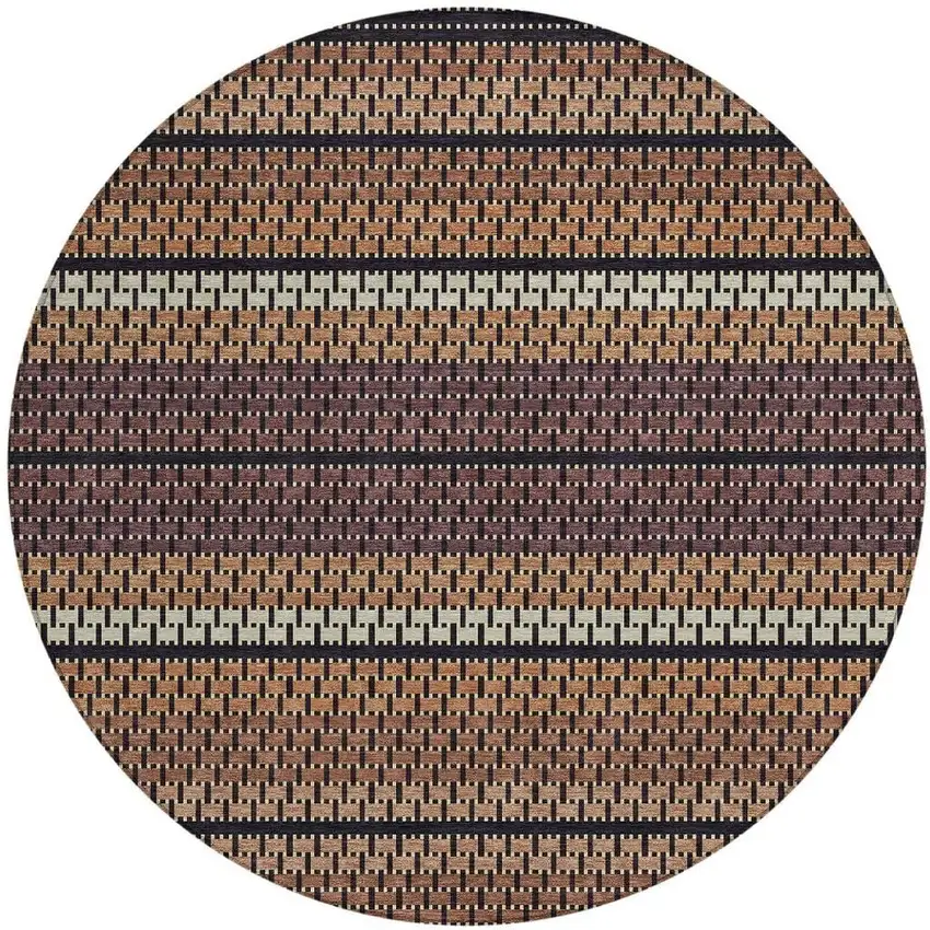 8' Rust Beige And Black Round Striped Washable Indoor Outdoor Area Rug Photo 3