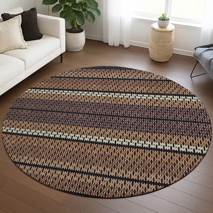8' Rust Beige And Black Round Striped Washable Indoor Outdoor Area Rug Photo 5