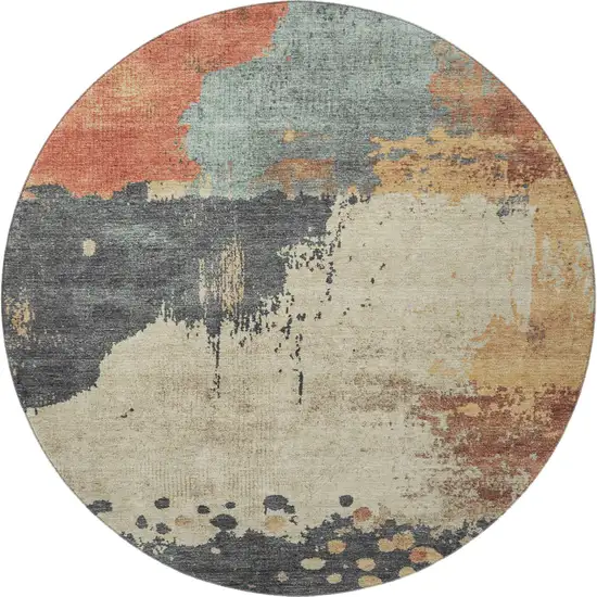 8' Rust Beige And Blue Abstract Washable Round Rug With UV Protection Photo 4