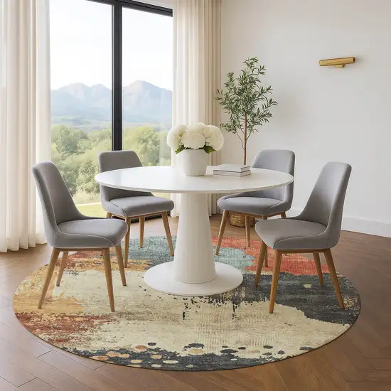 8' Rust Beige And Blue Abstract Washable Round Rug With UV Protection Photo 5